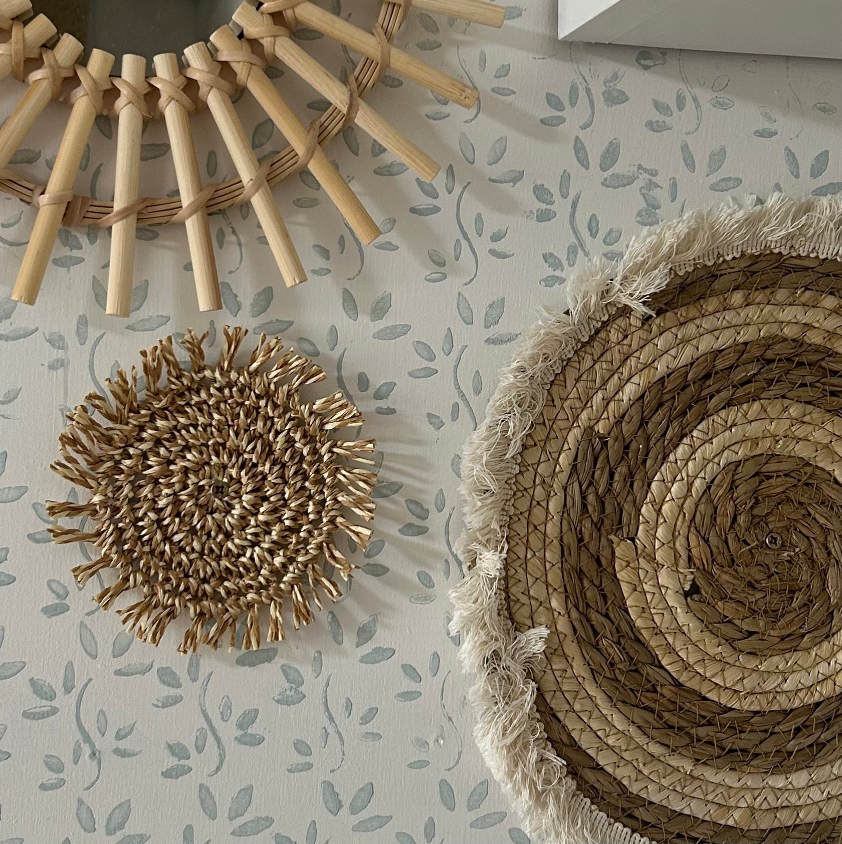 Boho-Wohnwagen-Wandteller-Set – Rattan-Spiegel und Wanddekoration