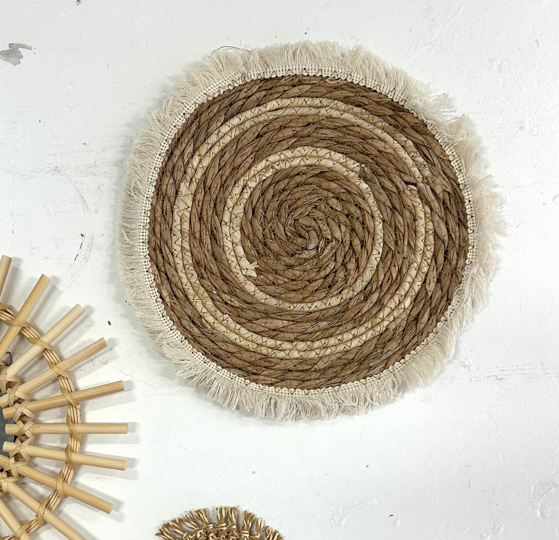 Boho-Wohnwagen-Wandteller-Set – Rattan-Spiegel und Wanddekoration