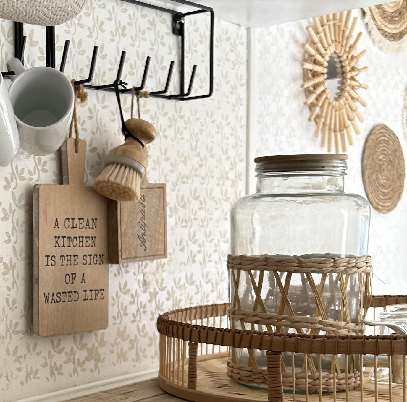 Boho-Wohnwagen-Wandteller-Set – Rattan-Spiegel und Wanddekoration